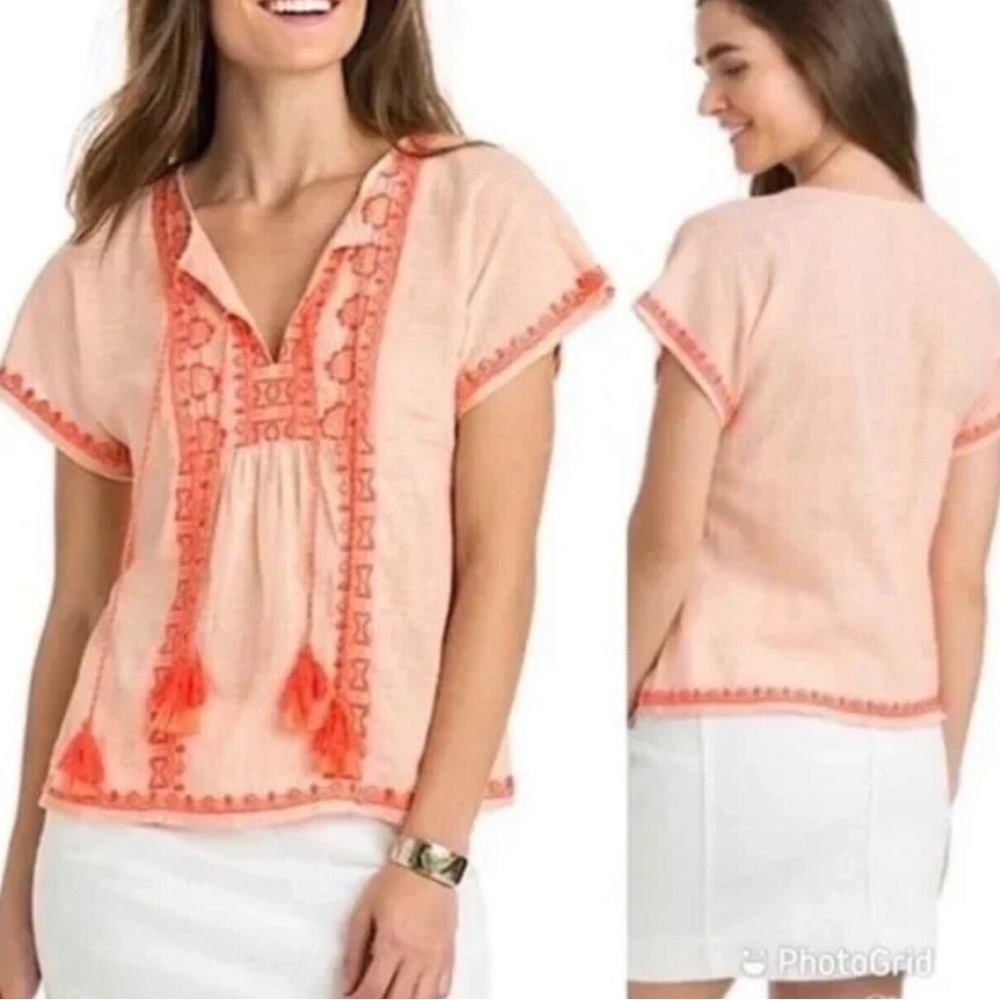 Vineyard Vines Gauzy Embroidered BoHo Top Tassel Ties at Neck Peach Coral